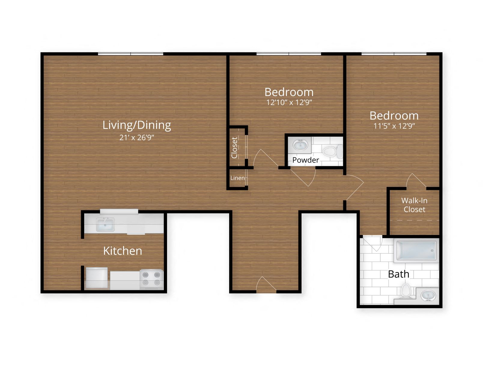 Floor plan for 2 beds, 1.5 baths, 1311 sqft